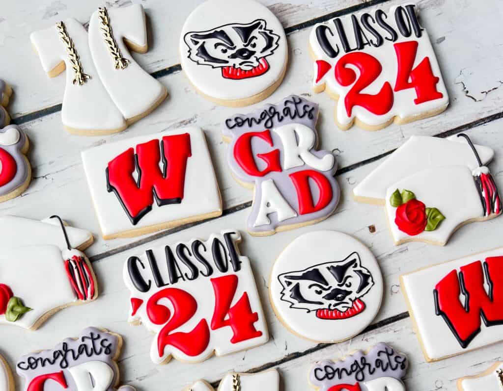 Various cookies decorated in a University of Wisconsin-Madison theme.