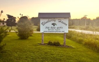 Sign for a berry farm in the grass.