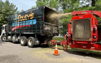 A truck is loading a large piece of wood.